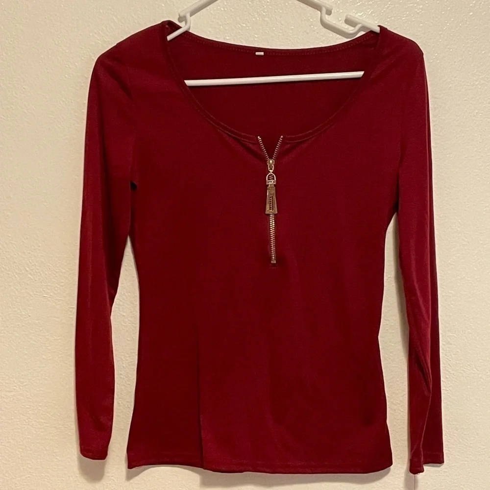 Maroon Solid Color Zip Long Sleeve Top Size Small - Picture 2 of 5